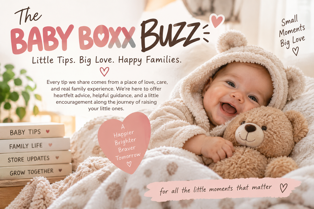 The Baby Boxx Buzz blog header with baby, teddy bear, and family tips