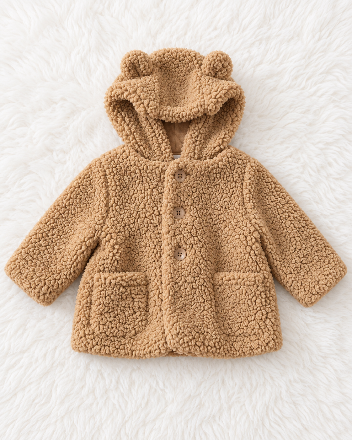 Baby Gap teddy bear sherpa hooded coat front view, 0-3 months