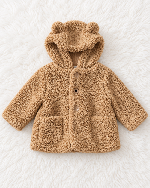 Baby Gap teddy bear sherpa hooded coat front view, 0-3 months