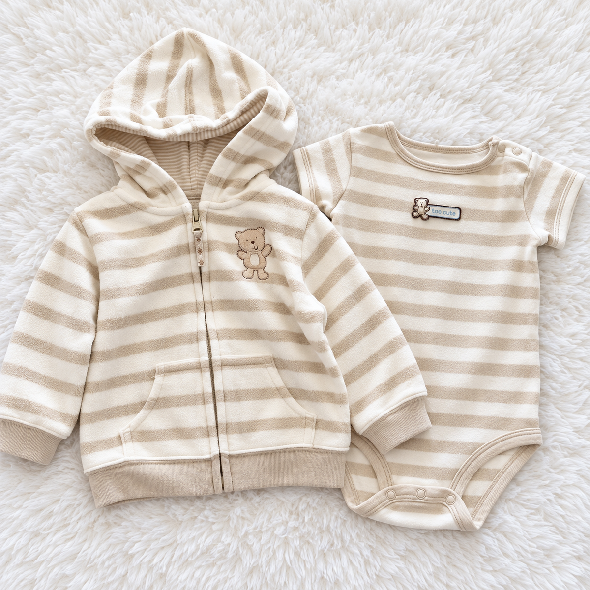 Carter's cream and tan striped teddy bear hoodie and bodysuit set, size 12 months