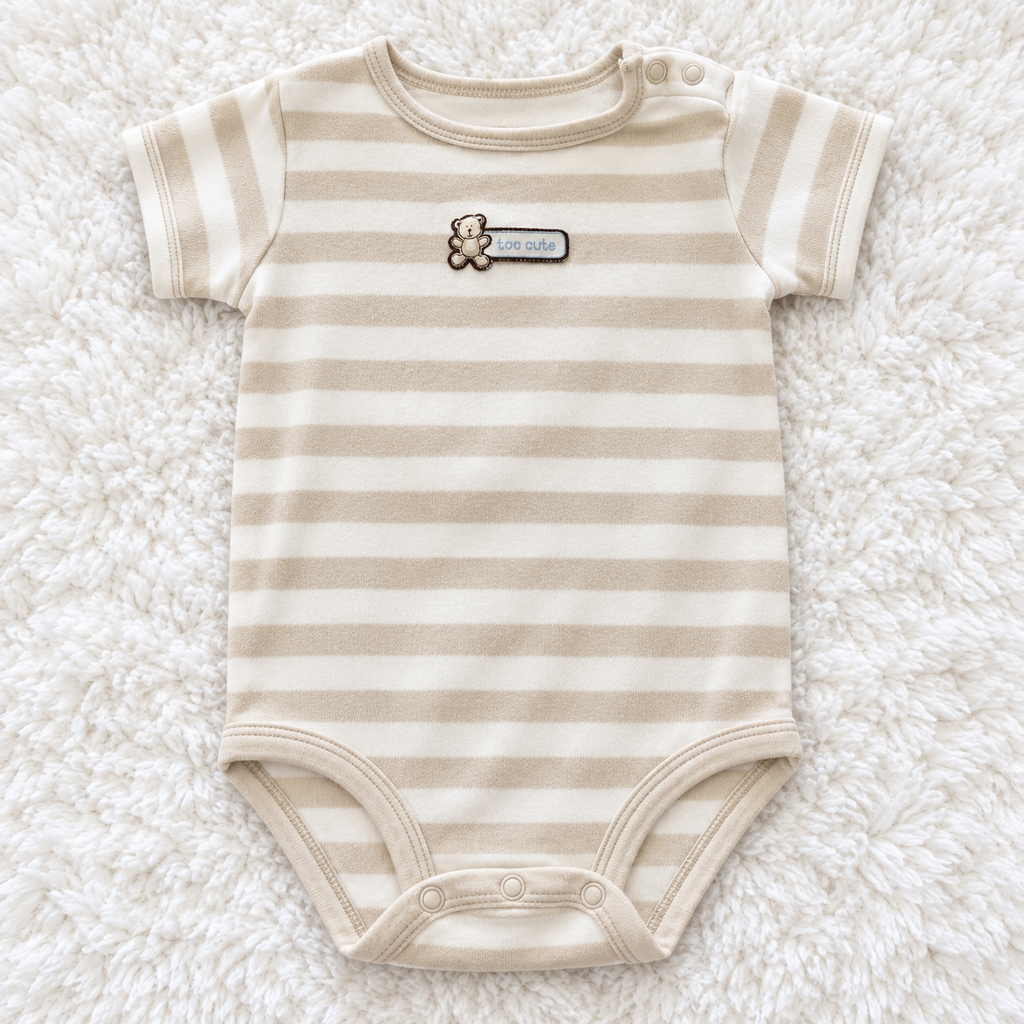 Carter's cream and tan striped 'too cute' teddy bear bodysuit, size 12 months