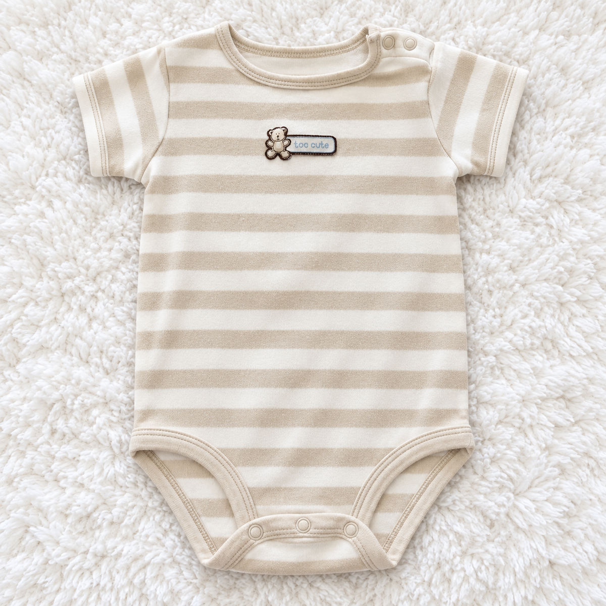 Carter's cream and tan striped 'too cute' teddy bear bodysuit, size 12 months