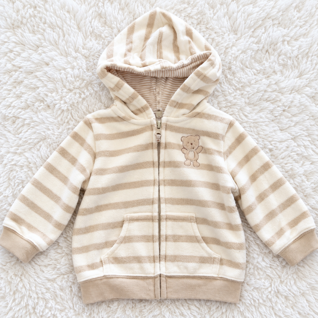 Carter's cream and tan striped teddy bear zip hoodie, size 12 months