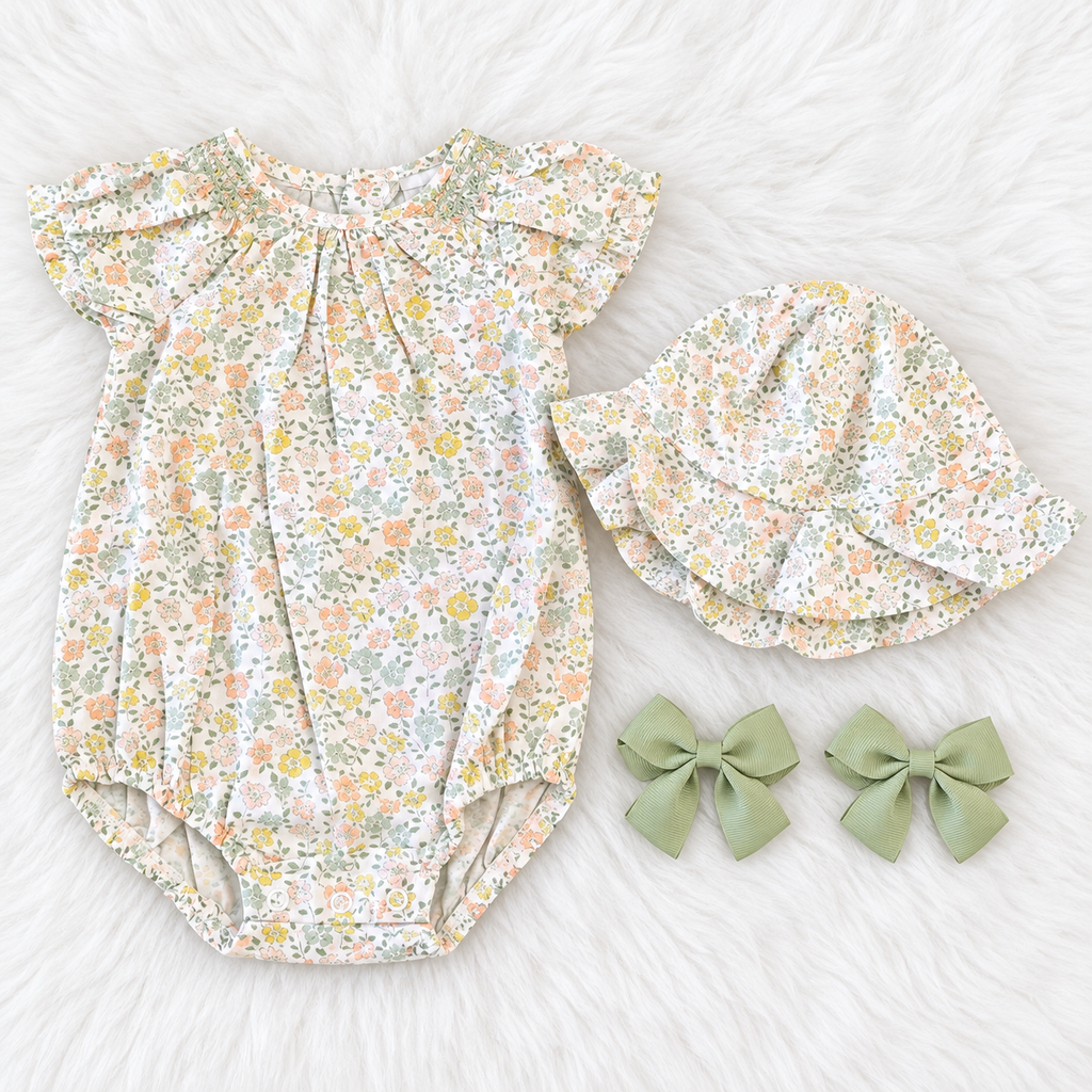 Carter's Just One You floral 9 month romper set with matching sun hat and green bows