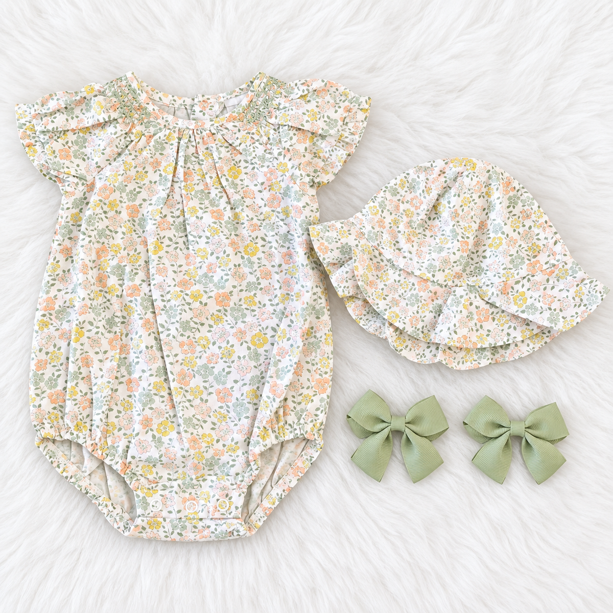 Carter's Just One You floral 9 month romper set with matching sun hat and green bows