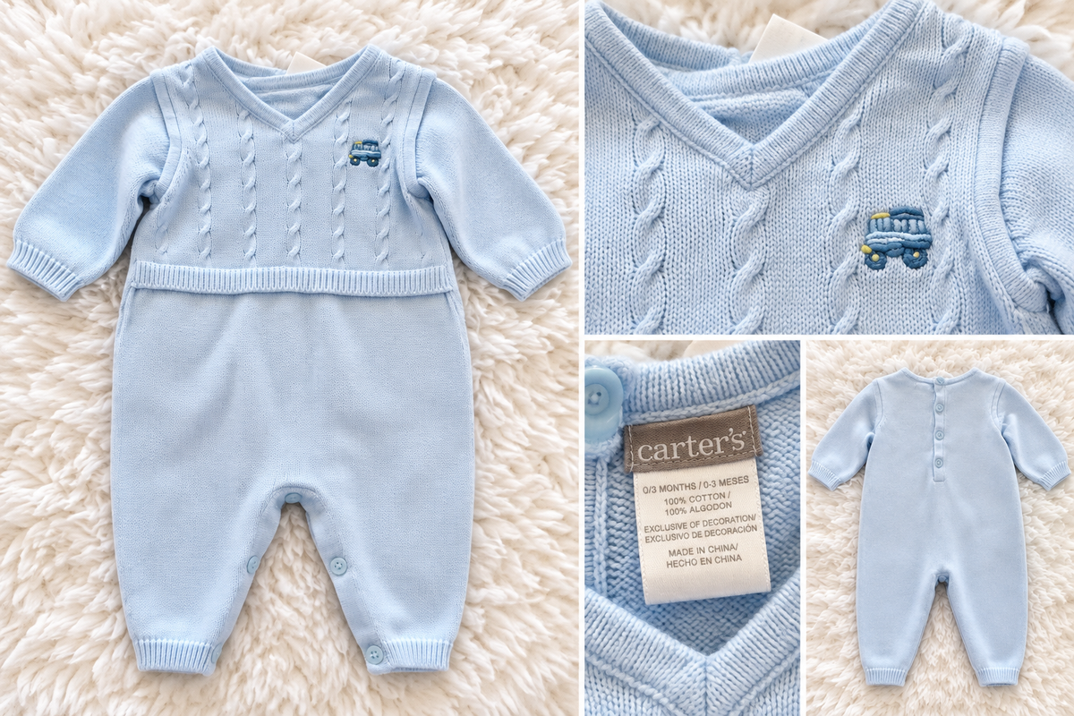 Carter's light blue knit baby romper, size 0-3 months