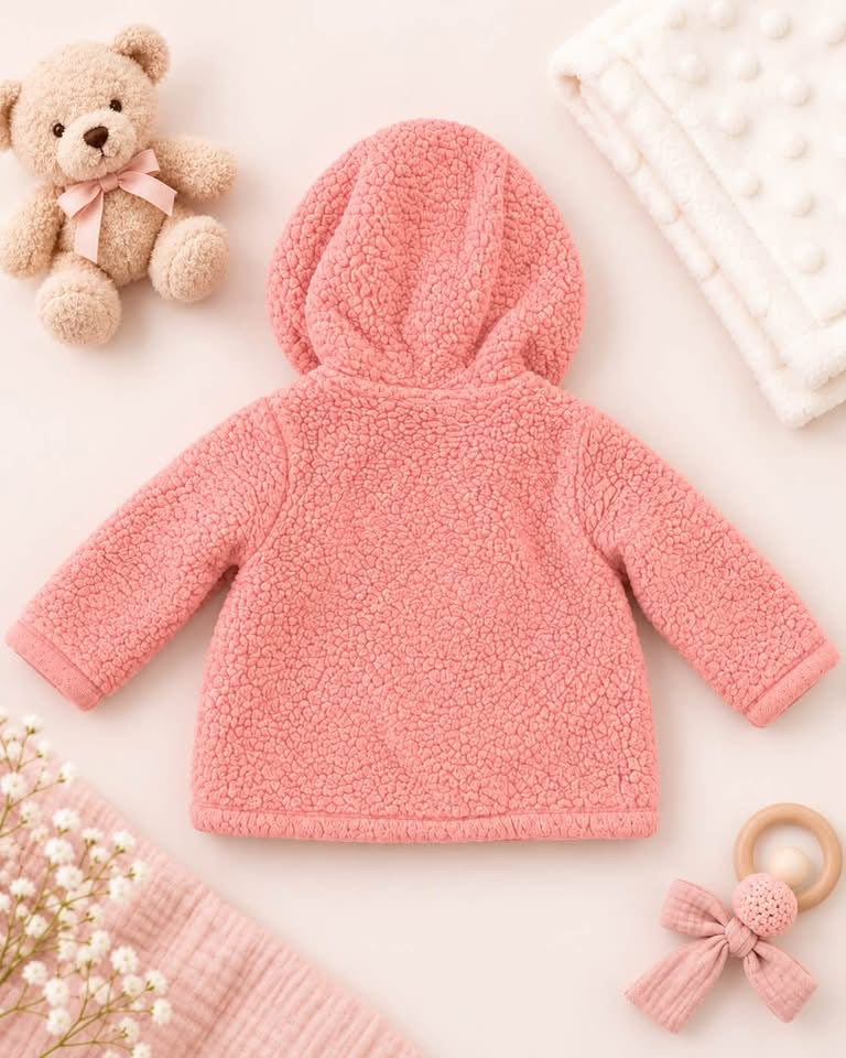 Carter's peach sherpa hooded baby jacket back view, size 18 months