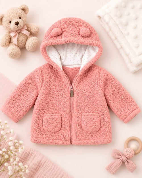 Carter's peach sherpa hooded baby jacket front view, size 18 months
