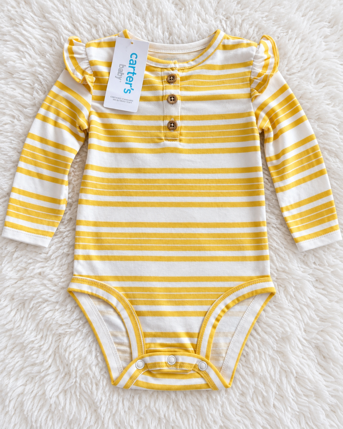 Carter's yellow and white striped long sleeve bodysuit size 6 months front