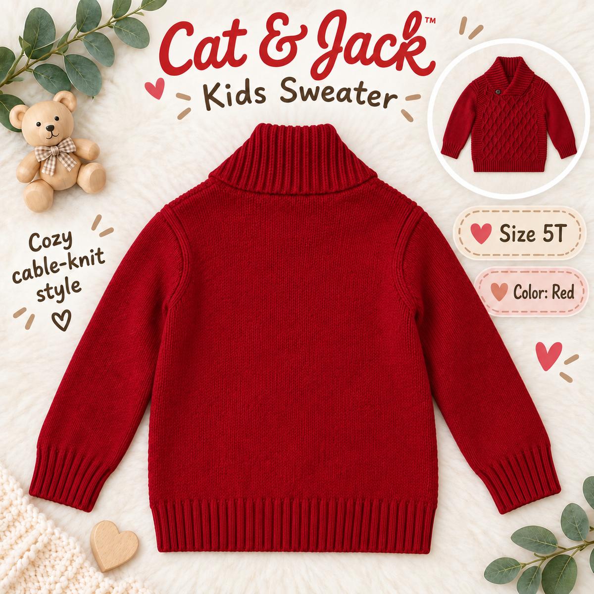 Cat & Jack red kids sweater back view, size 5T