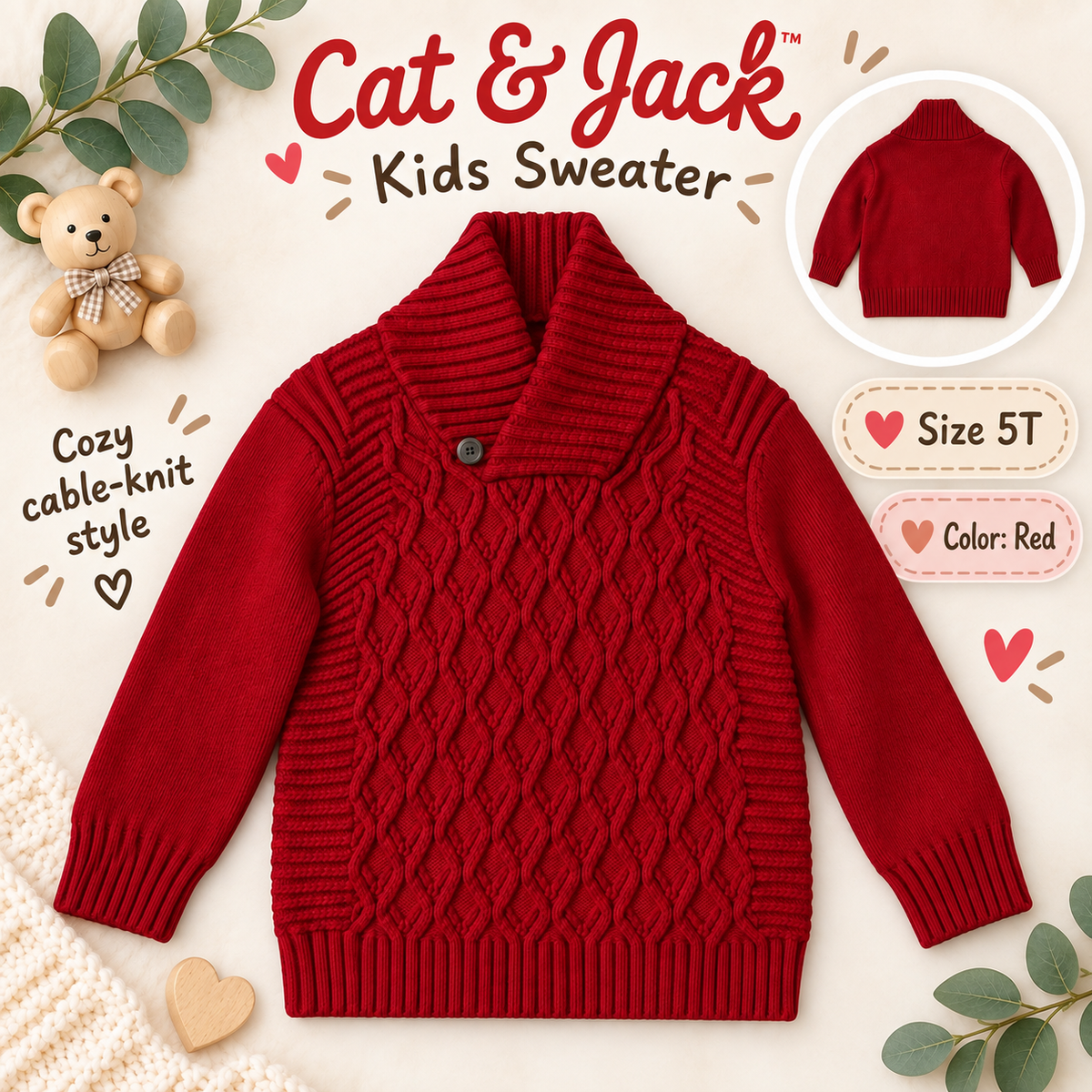 Cat & Jack red cable-knit kids sweater decorated product photo, size 5T