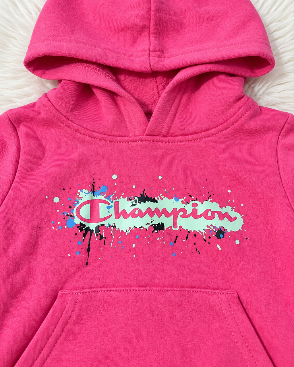 Champion pink hooded sweatshirt front logo detail