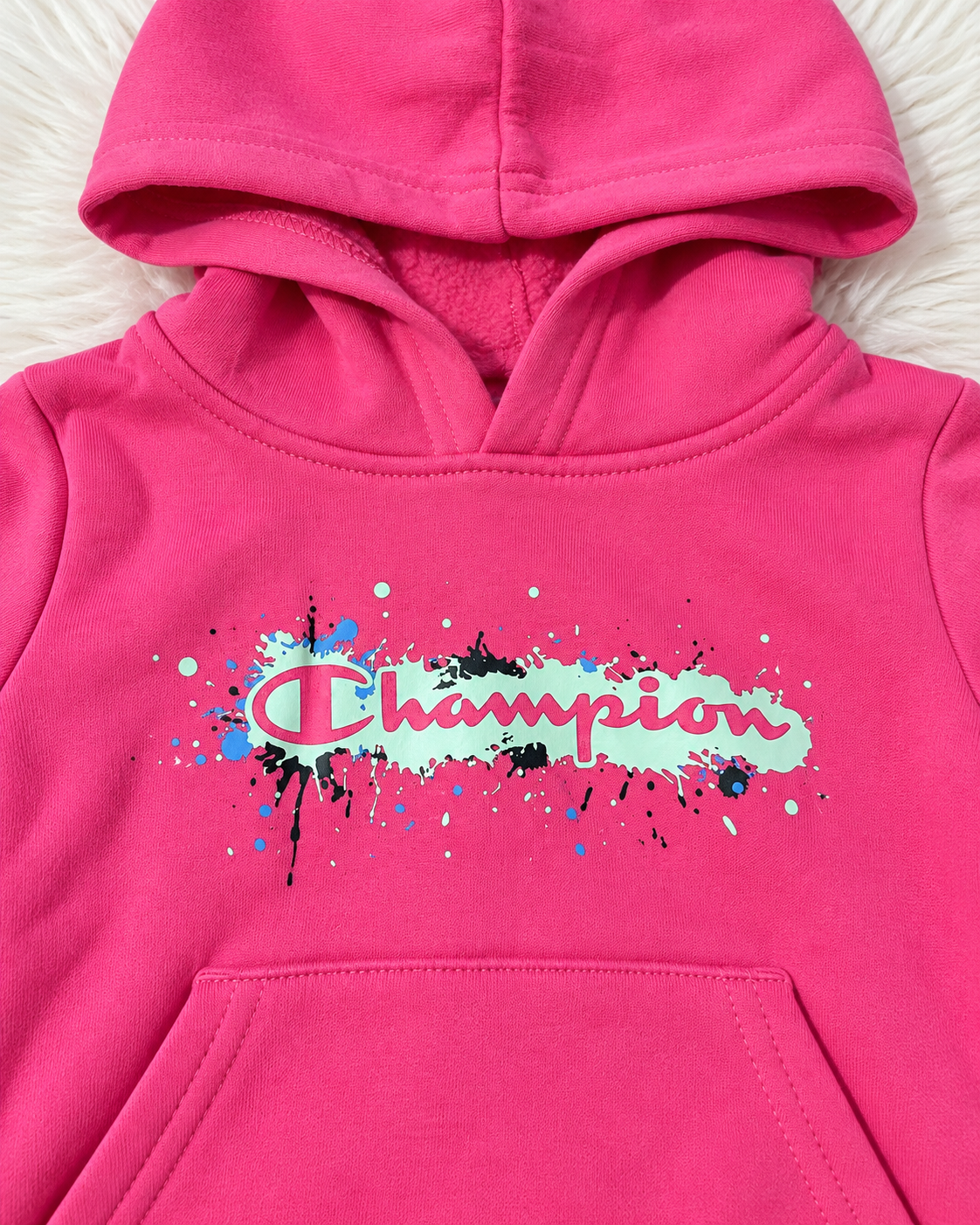 Champion pink hooded sweatshirt front logo detail