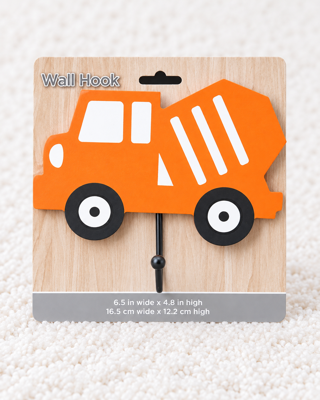 Orange construction truck wall hook on white rug