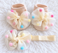 Cream baby girl pom-pom bow socks and matching headband set