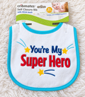 Cribmates You're My Super Hero baby bib on white rug
