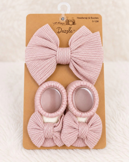 Dazzle pink baby headwrap and booties set, size 0-12 months