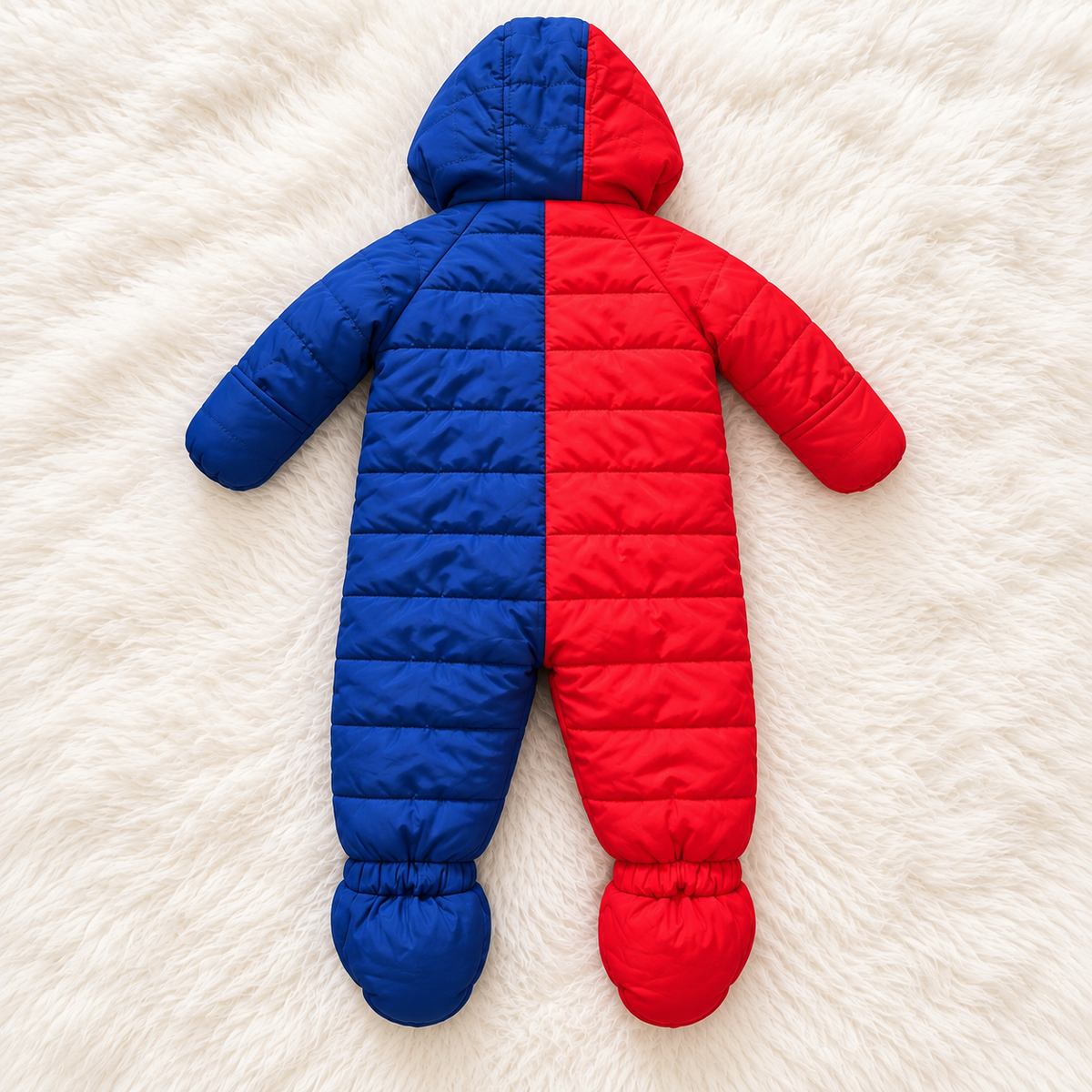First Impressions red and blue baby snowsuit back view, size 12 months