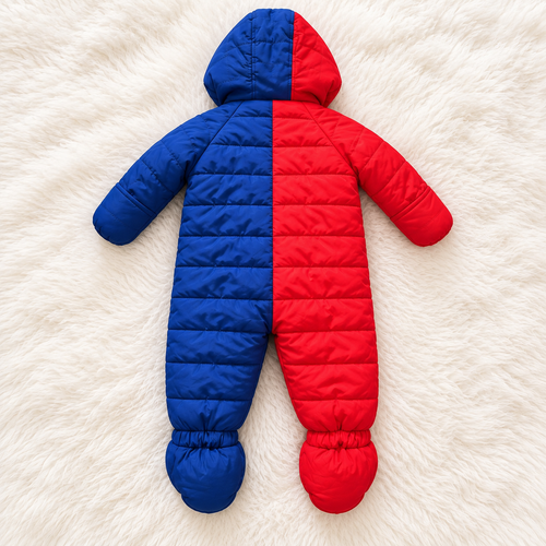 First Impressions red and blue baby snowsuit back view, size 12 months