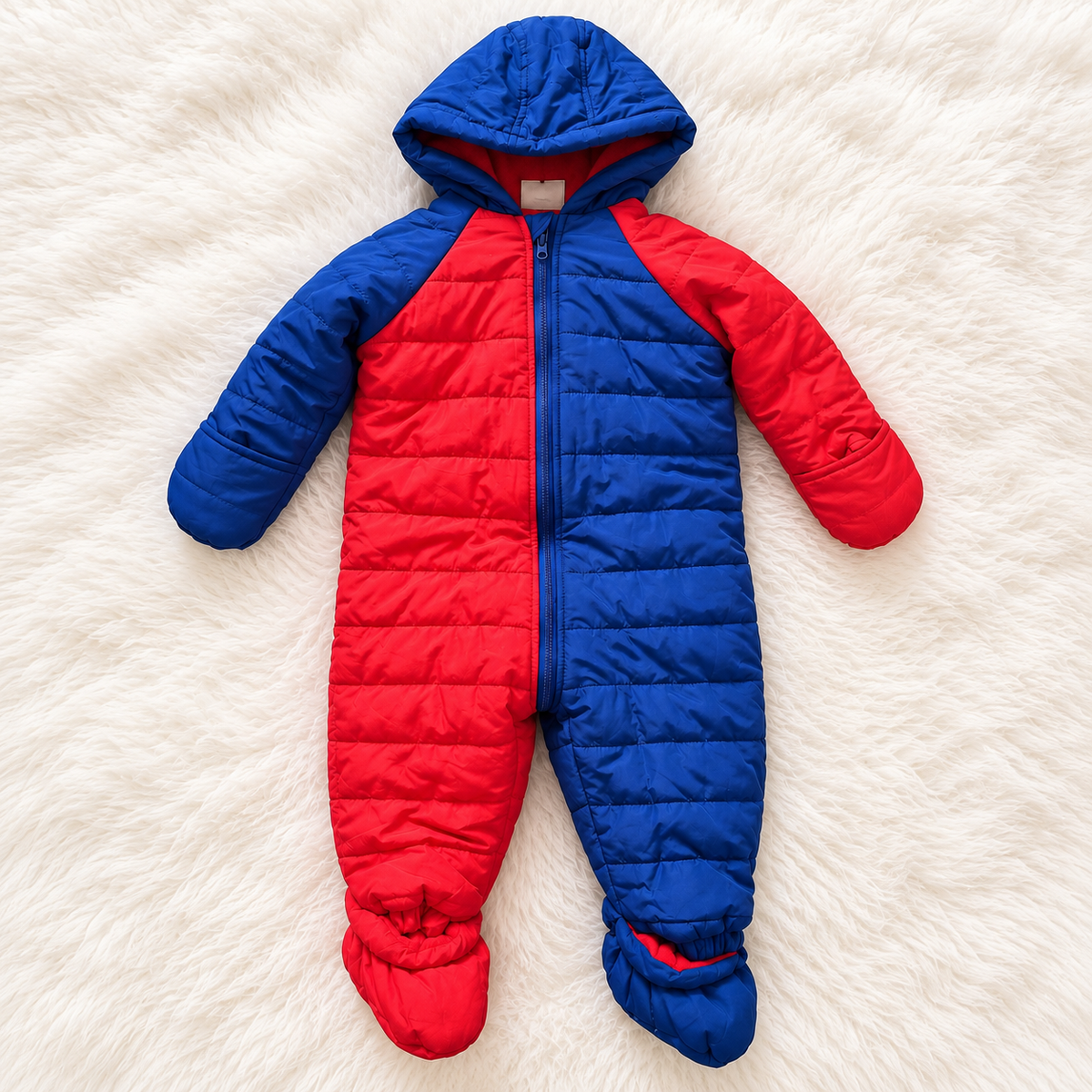 First Impressions red and blue baby snowsuit front view, size 12 months