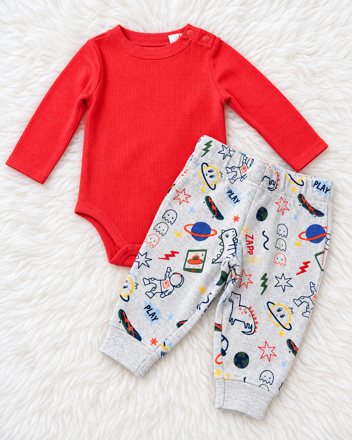 Garanimals red long sleeve bodysuit and space print jogger set size 3-6 months