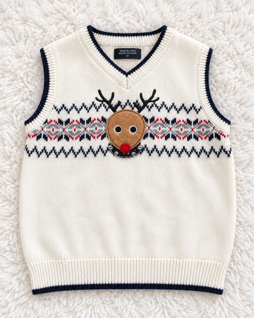Cream reindeer sweater vest size 3T front