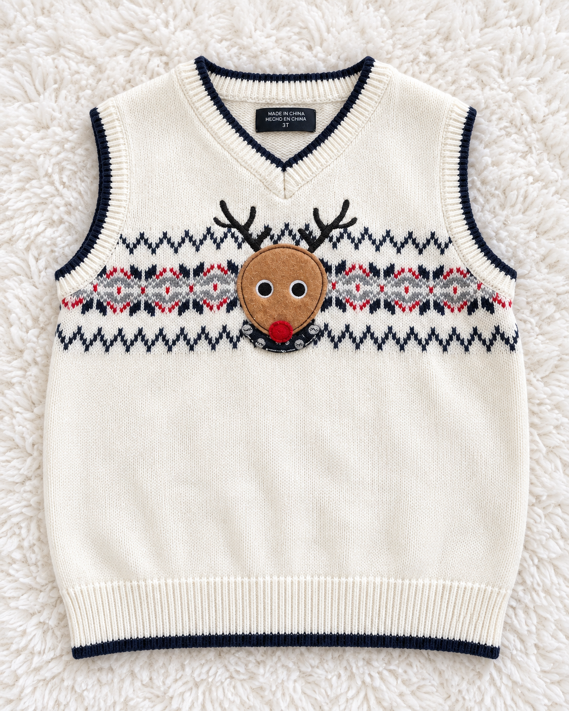 Cream reindeer sweater vest size 3T front