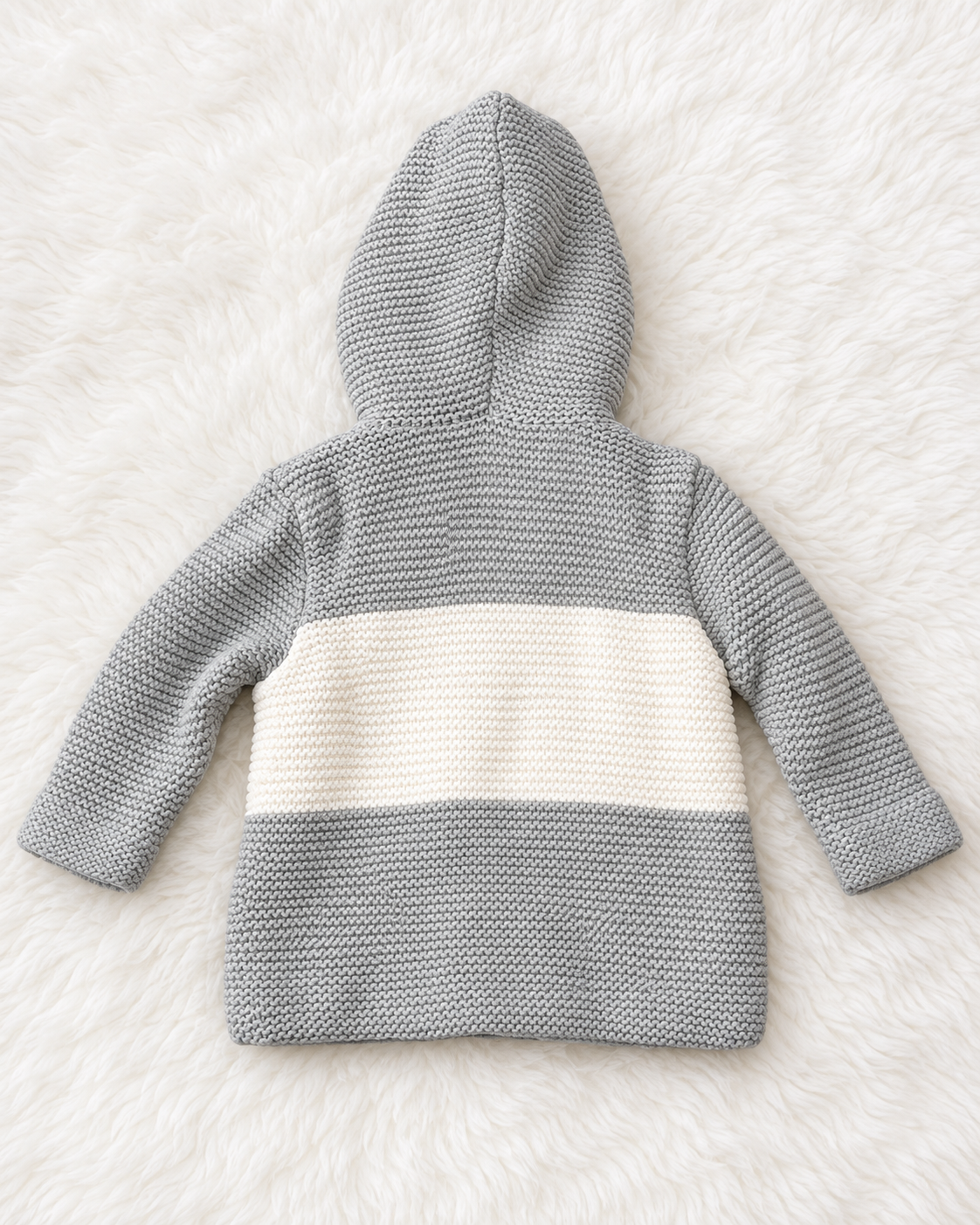 Gray and cream knit hooded cardigan back
