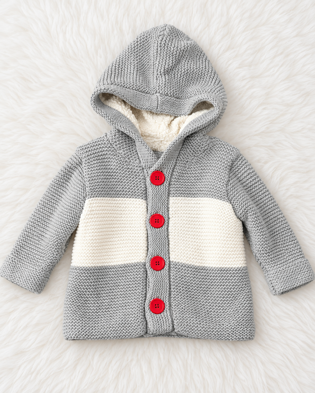 Gray and cream knit hooded cardigan with red buttons front
