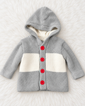 Gray and cream knit hooded cardigan with red buttons front
