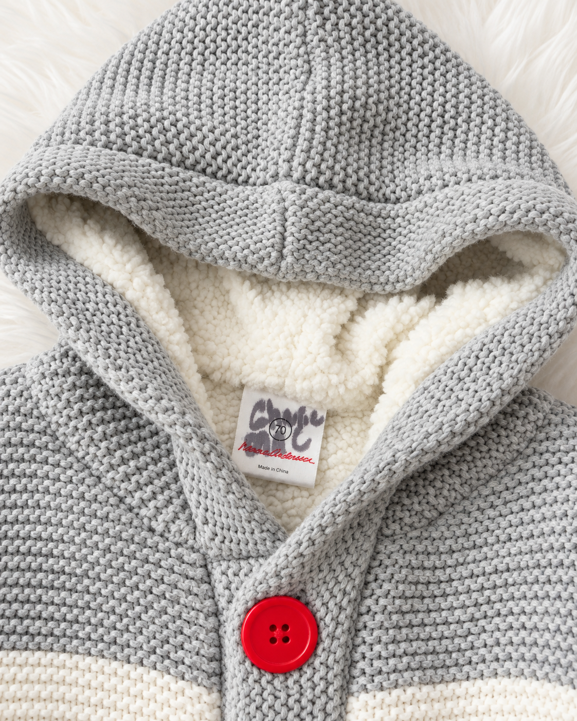 Gray and cream knit hooded cardigan label and sherpa lining