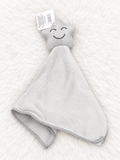 Gray star baby lovey security blanket on white rug