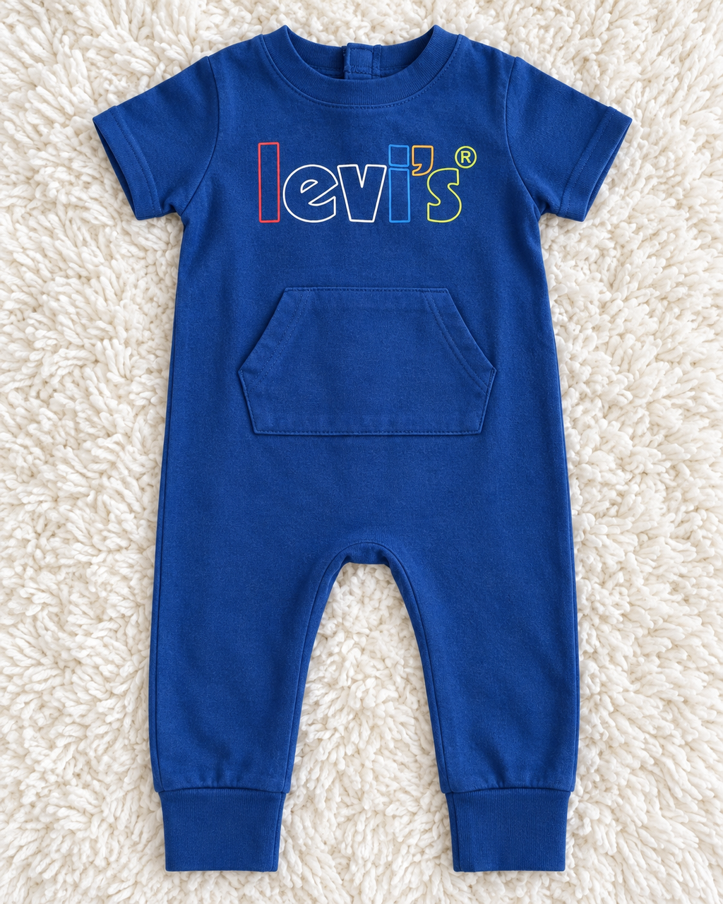 Levi's blue short sleeve baby romper size 6 months front