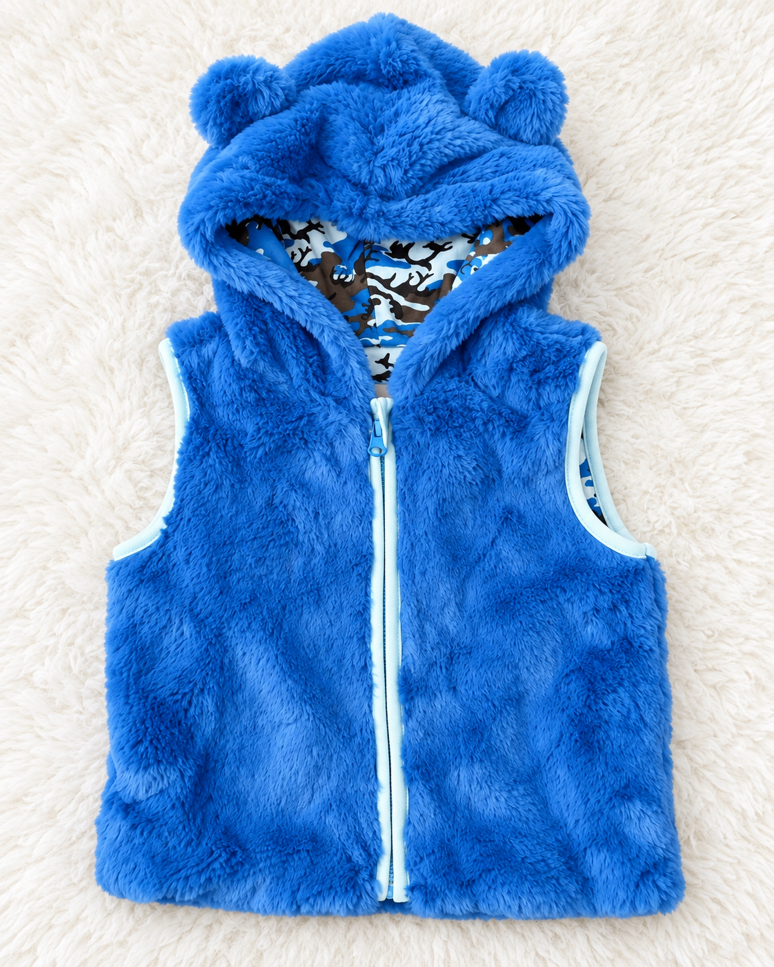 Lily & Dan blue plush hooded vest 18M front