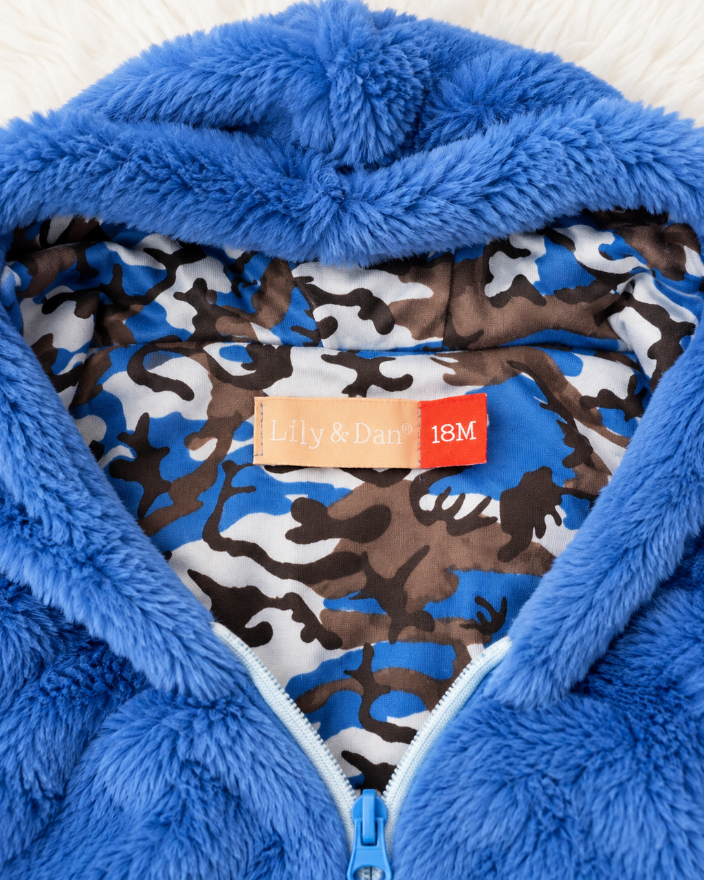 Lily & Dan blue plush hooded vest 18M label