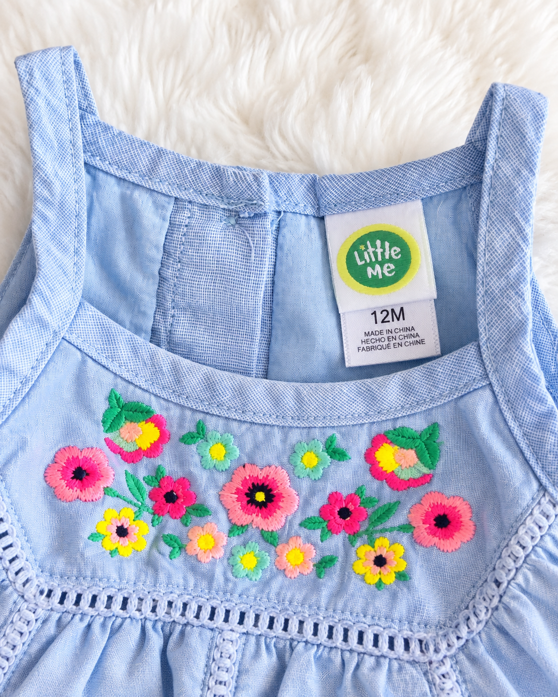 Little Me 12 month blue floral dress label detail