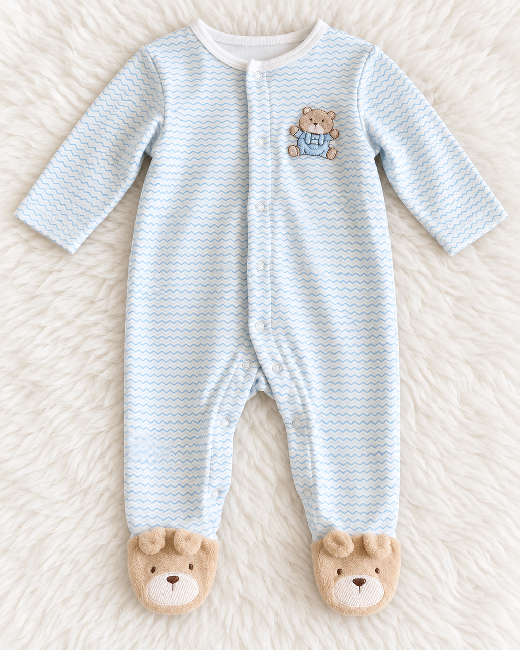 Little Me blue zigzag teddy bear footed sleeper size 3 months