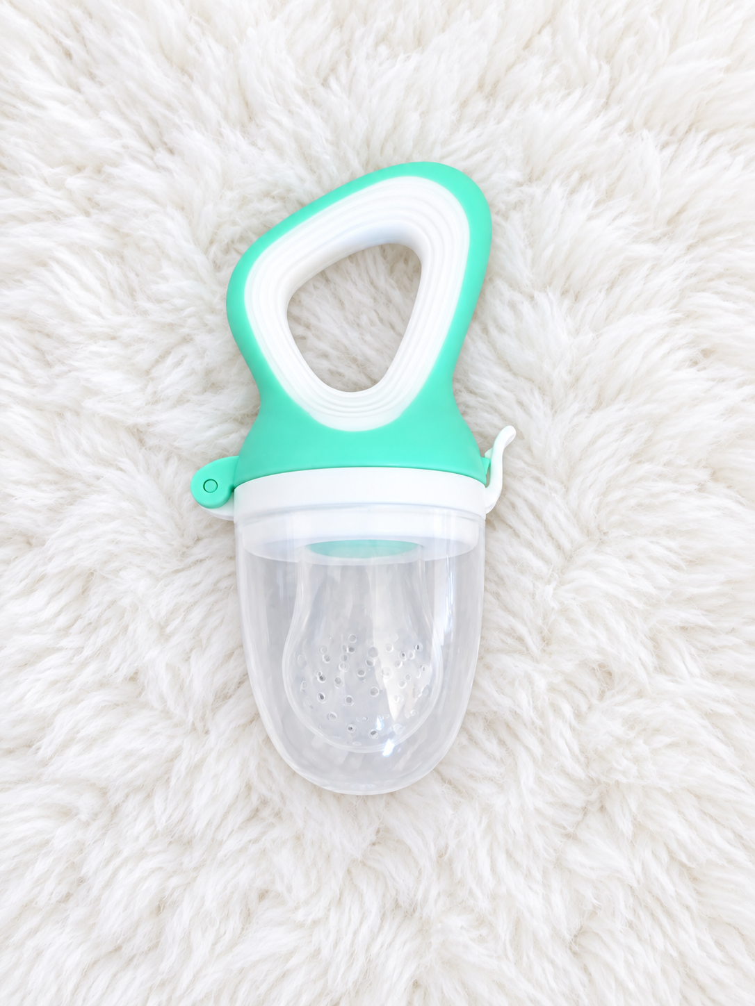 Mint green baby fresh food feeder on white rug