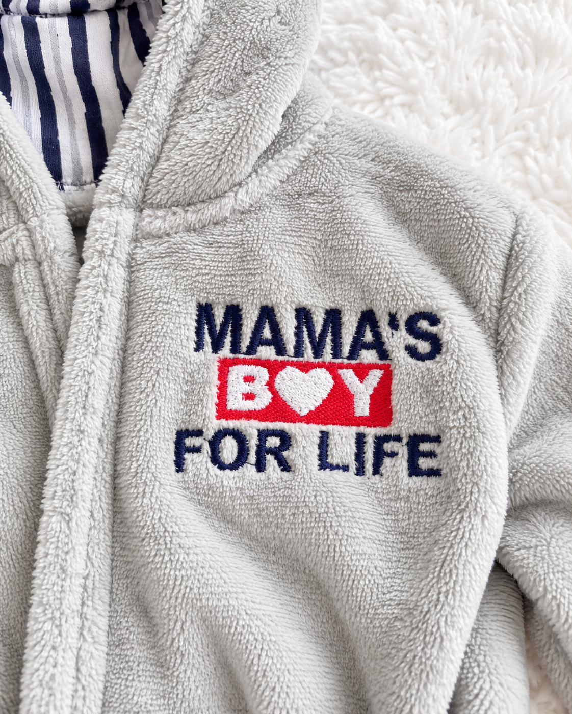 Mama's Boy for Life embroidery detail on Modern Baby robe