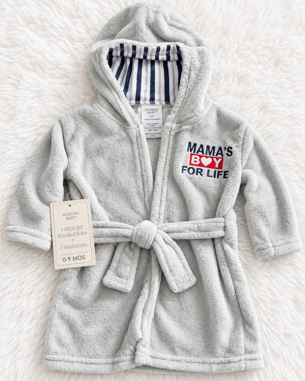 Modern Baby gray Mama's Boy for Life hooded robe set 0-9 months front