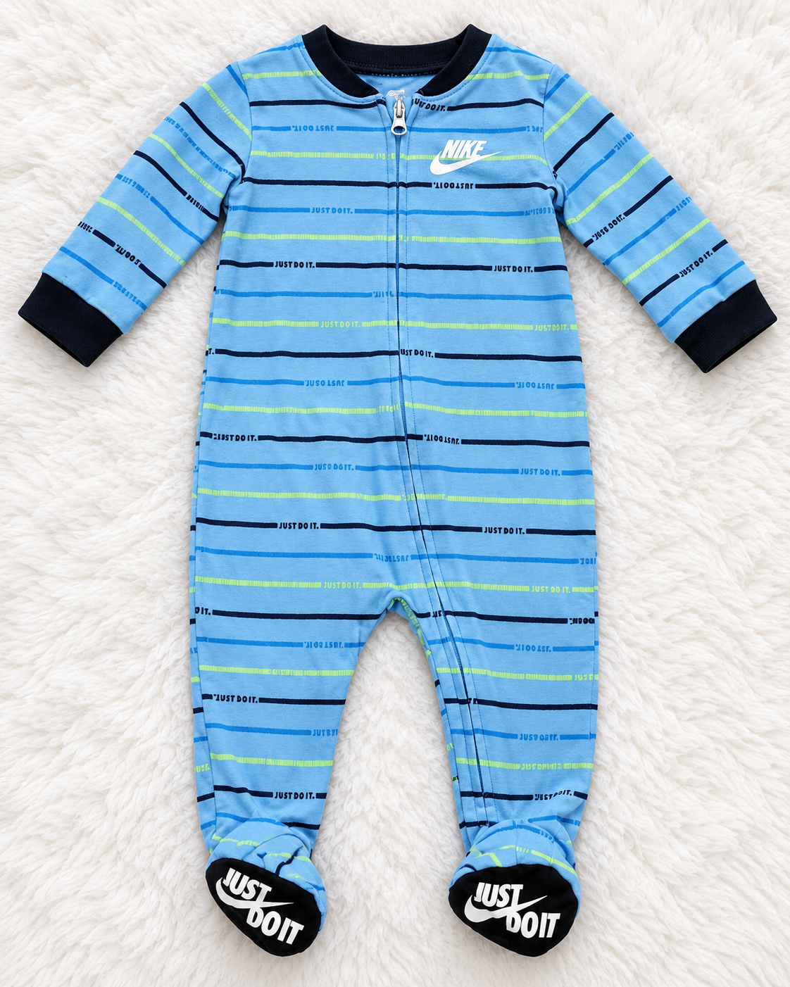 Nike blue striped footed sleeper size 6 months front view