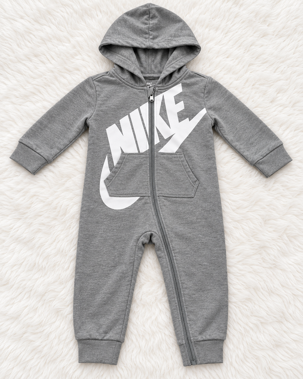Nike gray hooded one-piece romper size 12 months front view