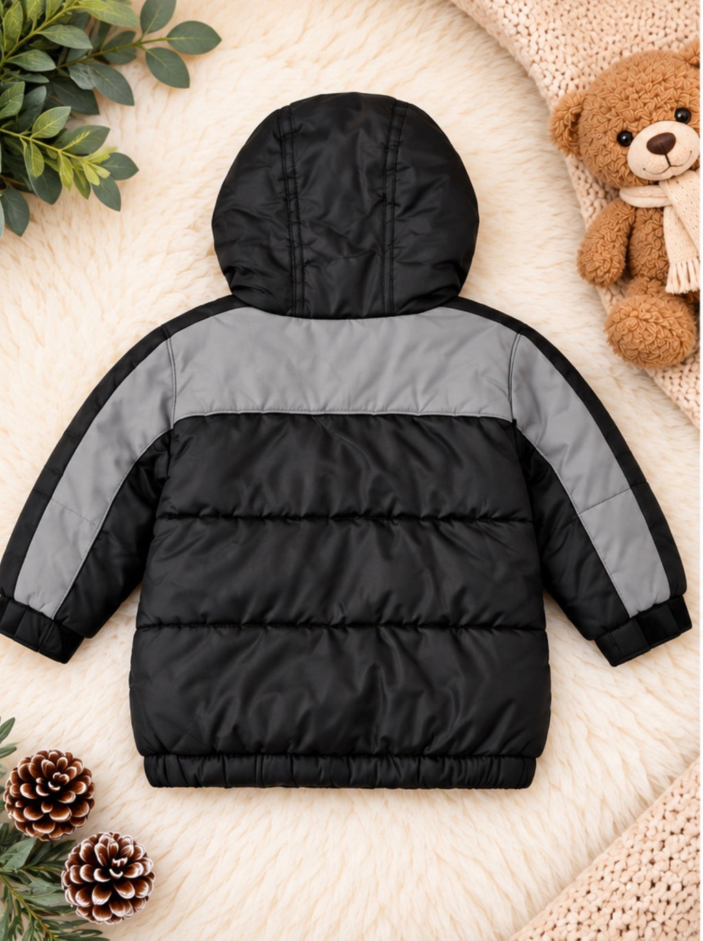 Old Navy black and grey kids puffer jacket back view, size 3T