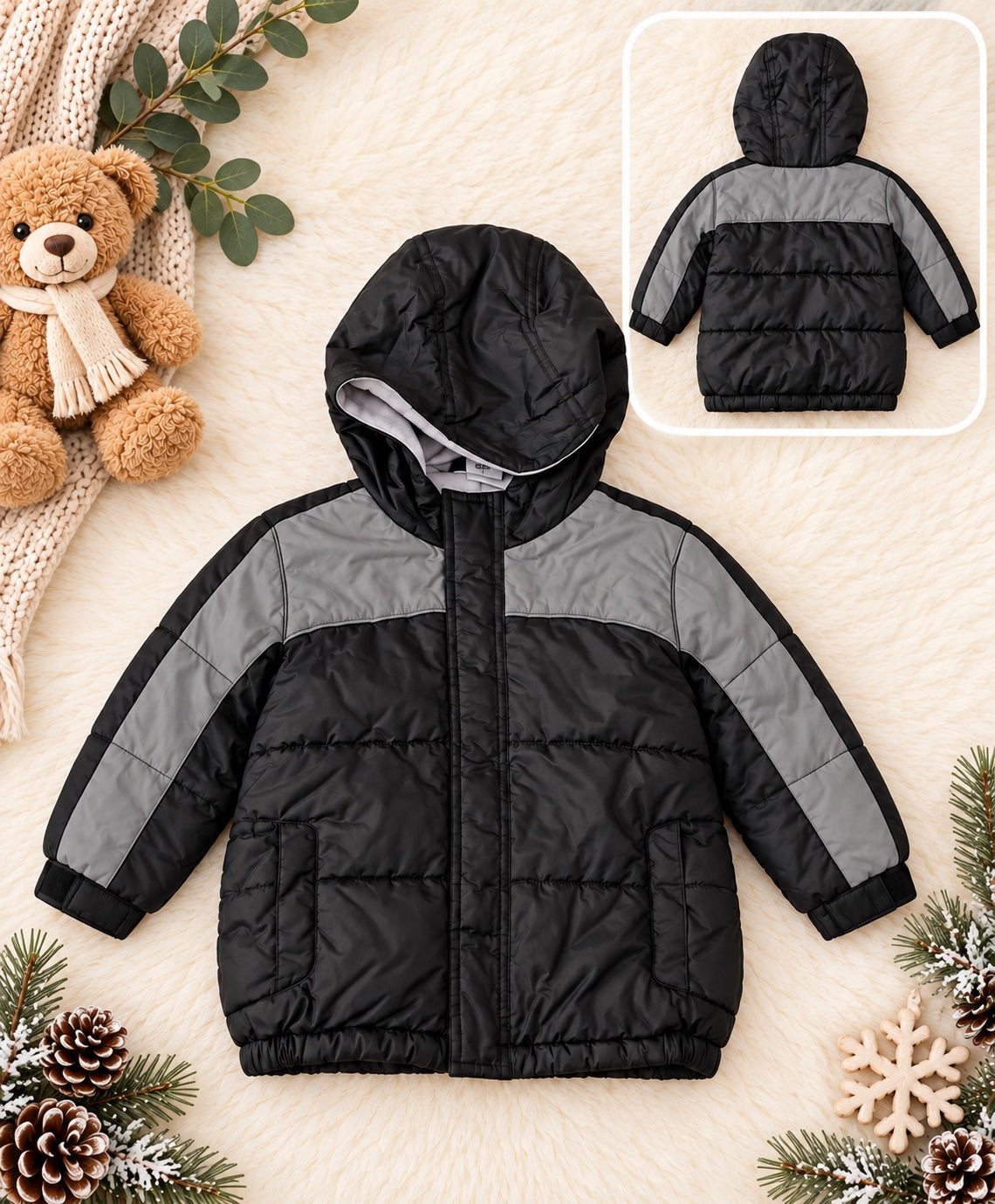 Old Navy black and grey kids puffer jacket front view, size 3T