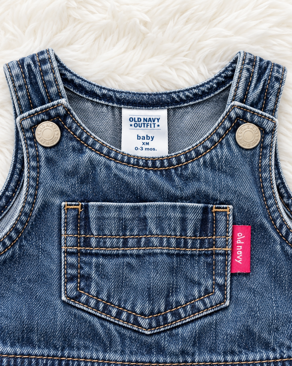 Old Navy baby denim jumper dress label and chest pocket, size 0-3 months