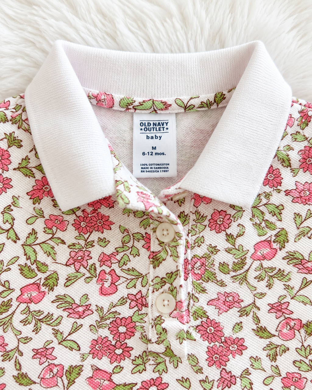 Old Navy floral polo dress collar and size label, size 6-12 months