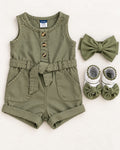 Old Navy olive baby romper with matching bow headwrap and booties, size 0-3 months