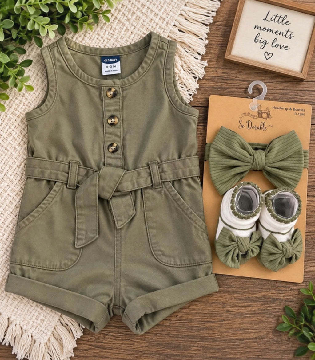 Styled Old Navy olive baby romper set with matching bow headwrap and booties, size 0-3 months