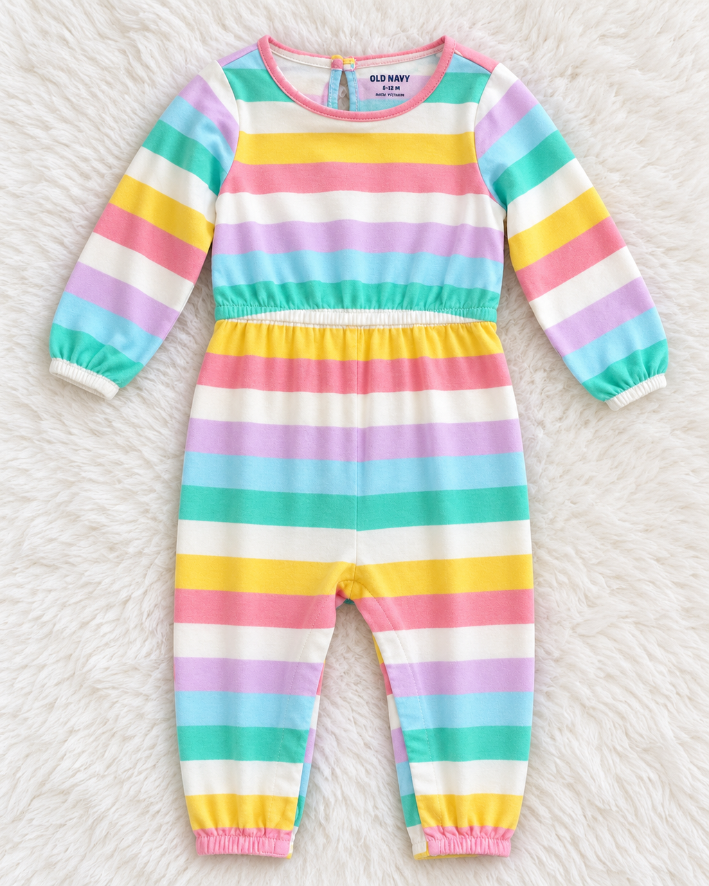 Old Navy pastel rainbow stripe baby girl romper, size 6-12 months