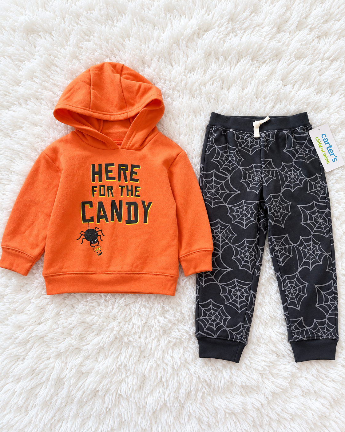 Carter's orange Halloween hoodie and black spiderweb jogger set, 18 months